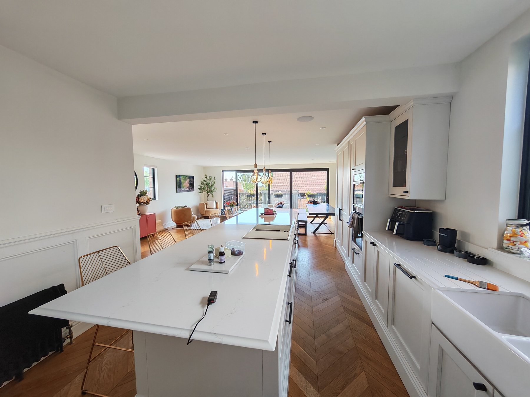 Large clean kitchen and living area